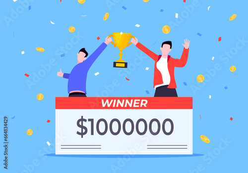 Happy lottery winners with big prize paycheck. Fortune lottery or casino gambling lucky games concept flat style design vector illustration. People jumps in the air with trophy cup.