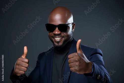 Mature bold strong man. Smiling male with thumbs up hands. Generate ai