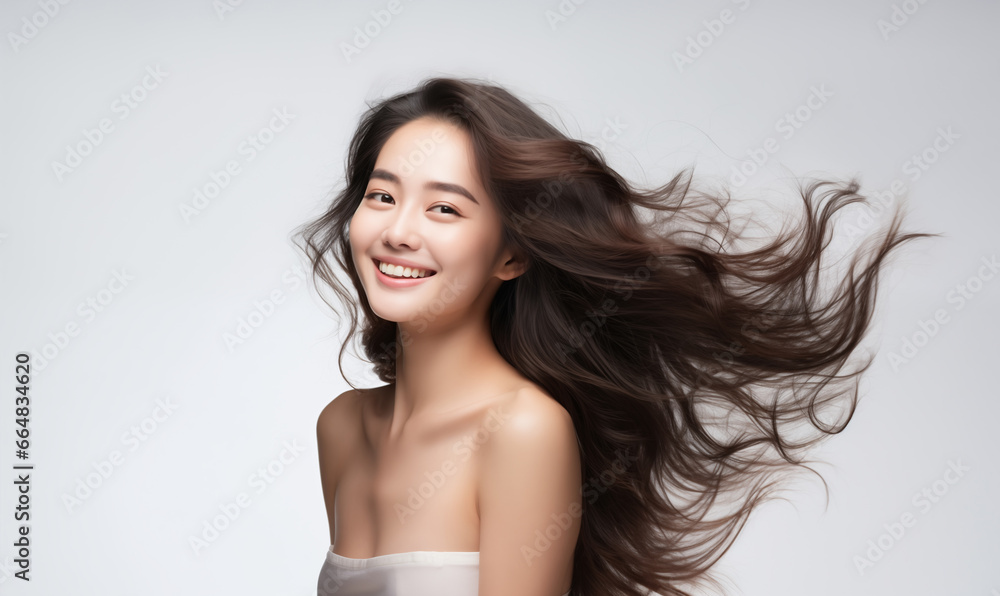 Portrait of a beautiful Asian woman with a bright smile, hair is a beautiful brown color, shampoo advertising concept Hair conditioner and cosmetic products,Generative AI Portrait of a beautiful Asian woman with a bright smile, hair is a beautiful brown color, shampoo advertising concept Hair conditioner and cosmetic products,Generative AI