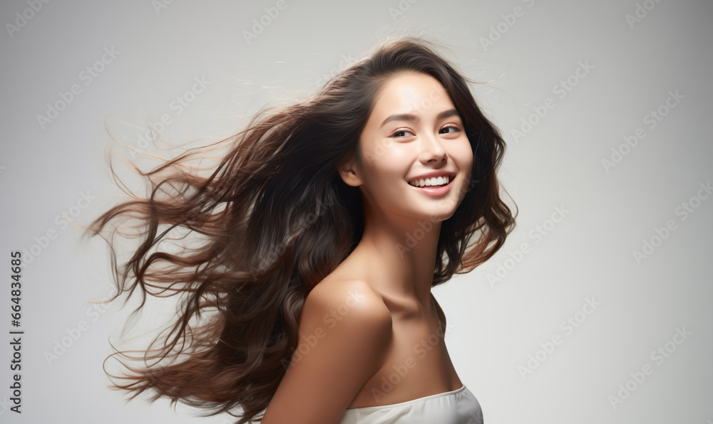 Fototapeta premium Portrait of a beautiful Asian woman with a bright smile, hair is a beautiful brown color, shampoo advertising concept Hair conditioner and cosmetic products,Generative AI
