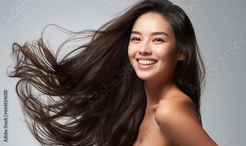 Portrait of a beautiful Asian woman with a bright smile, hair is a beautiful brown color, shampoo advertising concept Hair conditioner and cosmetic products,Generative AI