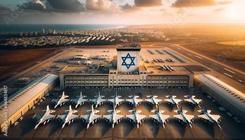 Generative AI image of the Israeli Air Force base, with a line of fighter jets ready for takeoff. On the main building, a large Star of David.