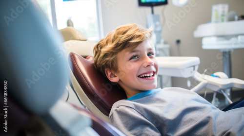 At the doctor. Happy child sitting in a dental chair with a smile on his face. Dental health concept, medicine, prevention. photo