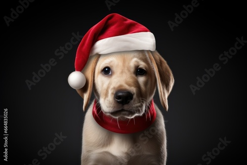 A dog wearing christmas hat. Christmas greeting card with dog. isolated on background. 