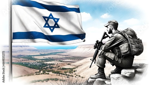 Generative AI image of Israeli soldier with a flag of israel