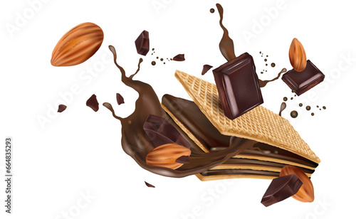 Crispy wafer chocolate splashing with almonds seed in the middle on white background. Realistic vector in 3D illustration. Food concepts.