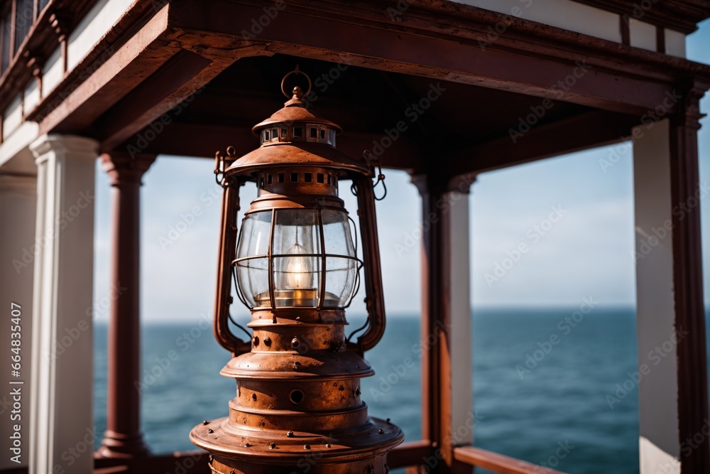 Nahaufnahme einer verwitterten und verrosteten Laterne eines Leuchtturms die die maritime Geschichte und den Zauber von Meer und Fernweh verkörpert