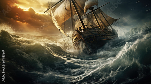 Sailing ship is in distress. Sailboat in a strong storm with large waves. Water element concept, wreck. photo