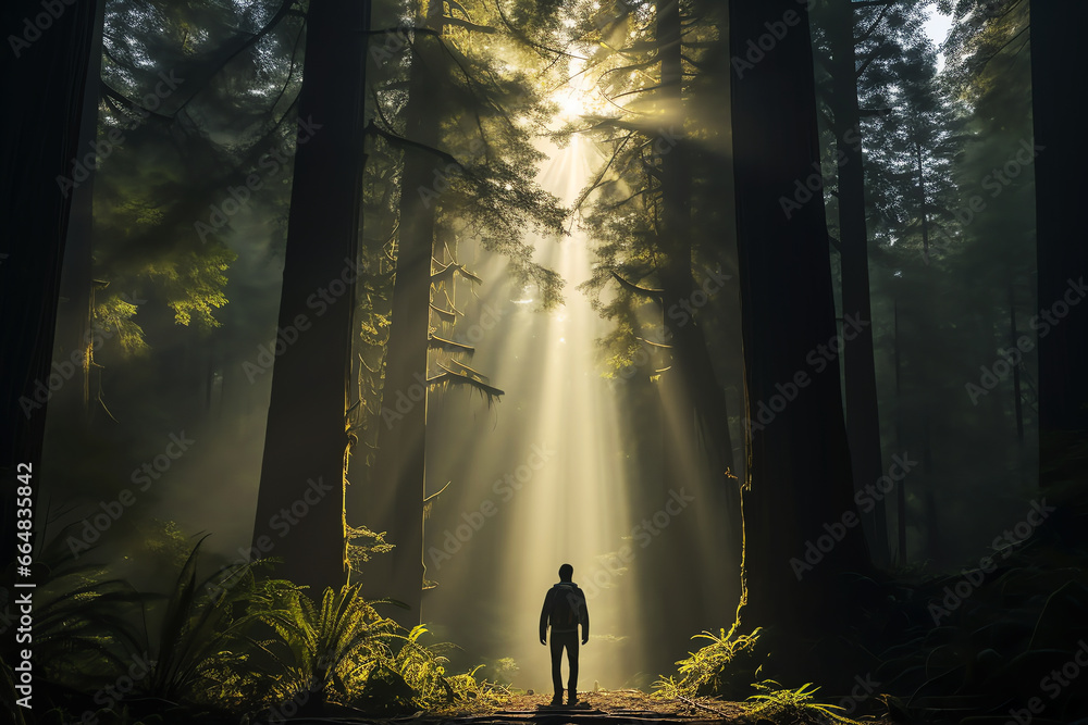 ray of light and hiker in the forest, AI generated - obrazy, fototapety, plakaty 