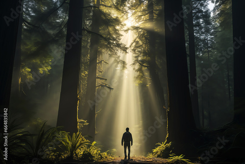 ray of light and hiker in the forest, AI generated