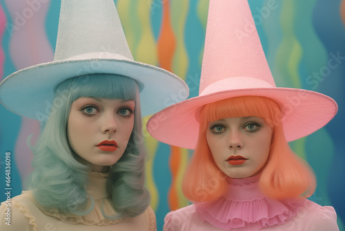 two young pretty good witches wearing pastel hats and hair  in vintage movie style  for halloween