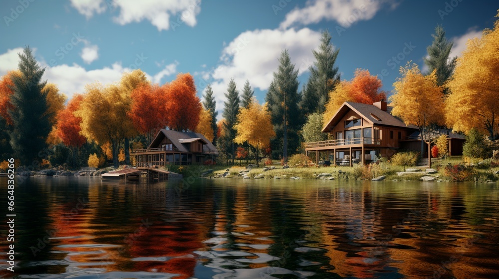 A peaceful lakeside cottage surrounded by vibrant autumn foliage and reflected in the calm, clear water.