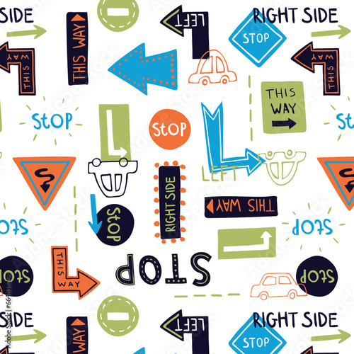 Traffic direction signs and vehicles pattern