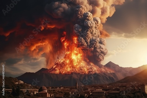 A Volcano Erupting Over A City photo