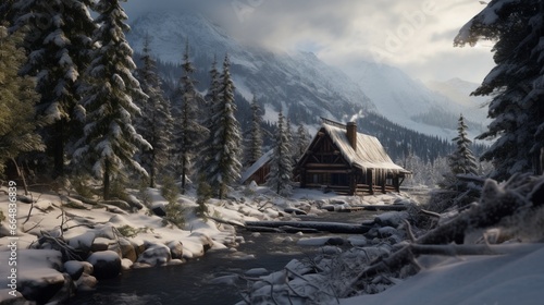 A remote, snow-covered cabin nestled in the heart of a pristine, wintery wilderness.
