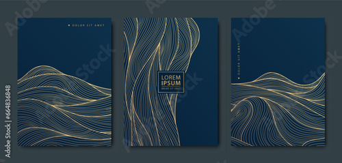 Vector line golden wavy pattern, art deco fancy covers. Luxury design, ocean, river waves illustrations. Japanese minimalist style.