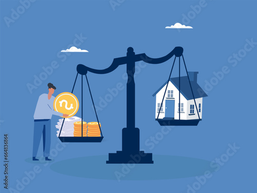 Real estate concept with people scene in flat cartoon design. Man saves money to buy private house, invests in real estate or decides to move to apartment. vector illustration