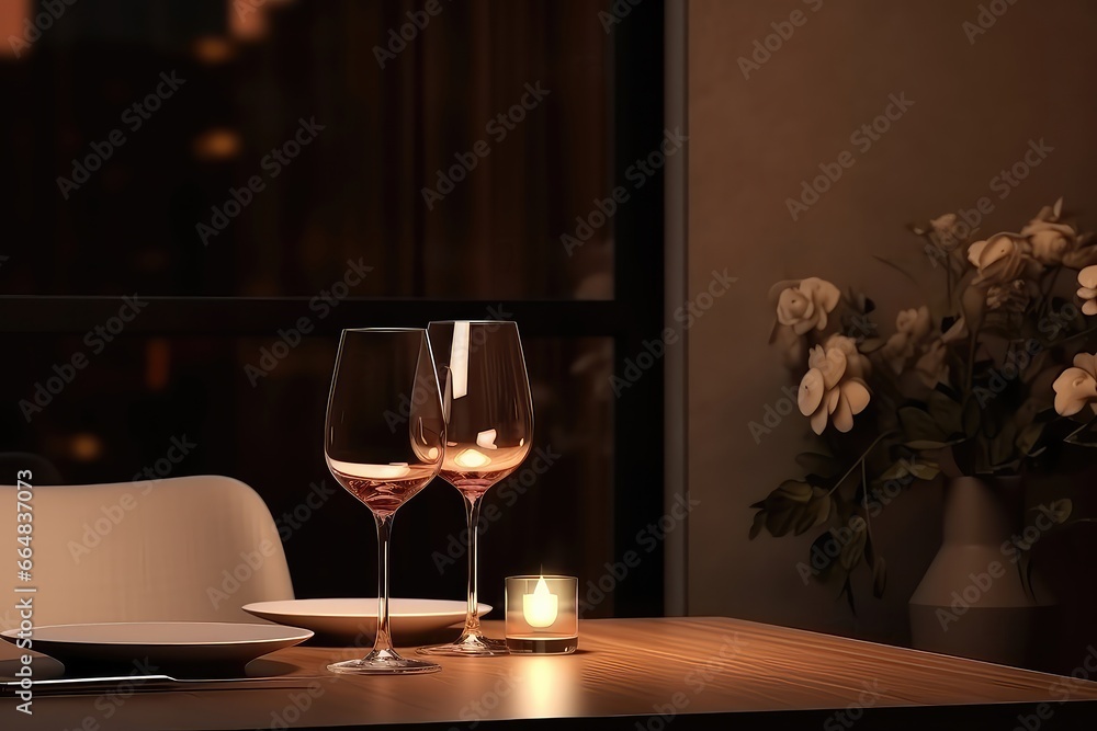 Elegant Restaurant Scene Soft Lighting, Romantic Atmosphere, Wine Glasses