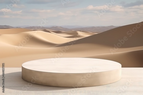 Empty Marble Podium In The Middle Of Sand Dunes