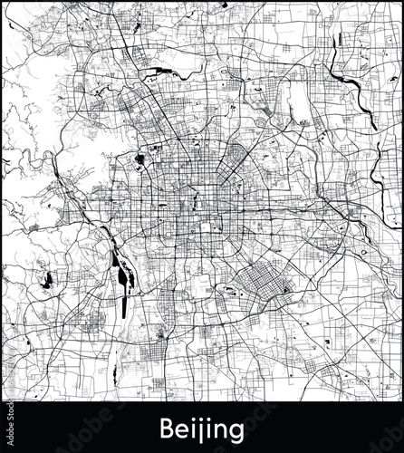 Beijing Minimal City Map (China, Asia) black white vector illustration