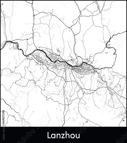 Lanzhou Minimal City Map (China, Asia) black white vector illustration