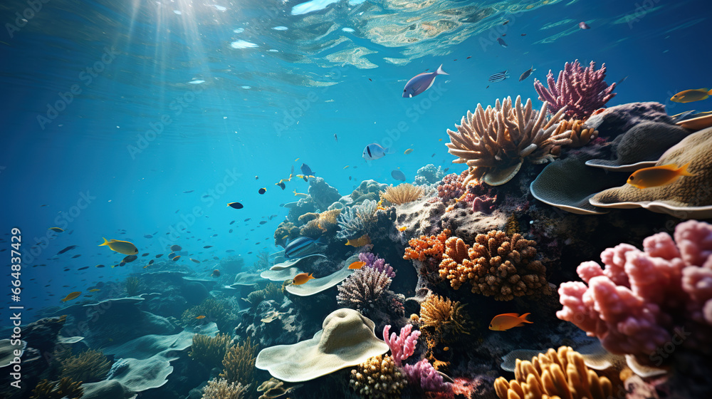 A young man scuba dives on a beautiful soft coral reef in the South Andaman.