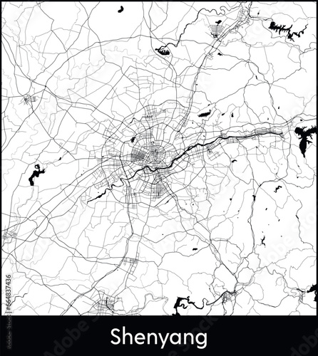 Shenyang Minimal City Map (China, Asia) black white vector illustration