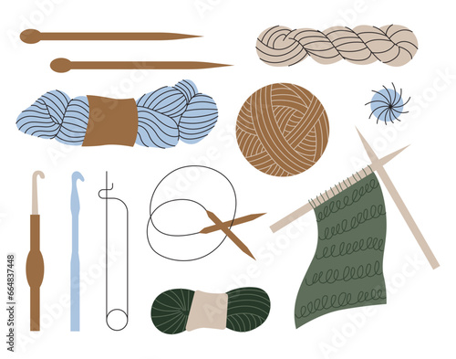 Vector set with wool yarn balls and skeins. Knitting needles and crochet hook. Wicker basket with wool yarn balls. Cozy crafting hobby. Knitting collection in flat design isolated on background