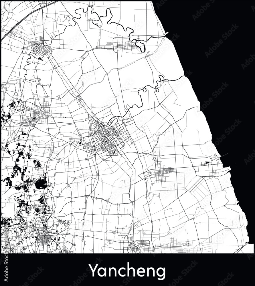 Fototapeta premium Yancheng Minimal City Map (China, Asia) black white vector illustration