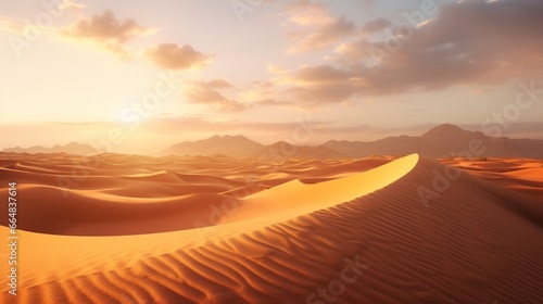 A serene desert landscape with endless sand dunes, touched by the golden rays of the setting sun.