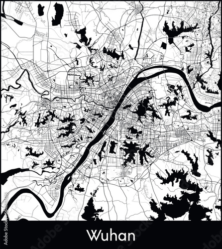 Wuhan Minimal City Map (China, Asia) black white vector illustration