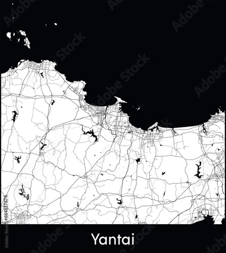 Yantai Minimal City Map (China, Asia) black white vector illustration