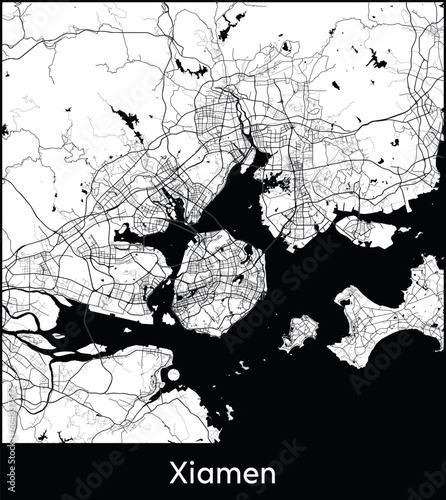 Xiamen Minimal City Map (China, Asia) black white vector illustration