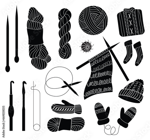 Collection of winter knitted clothes and knitting tools isolated on white background - woolen sweater, scarf, hat, mittens, socks, needles, hook, yarn. Flat cartoon vector illustration