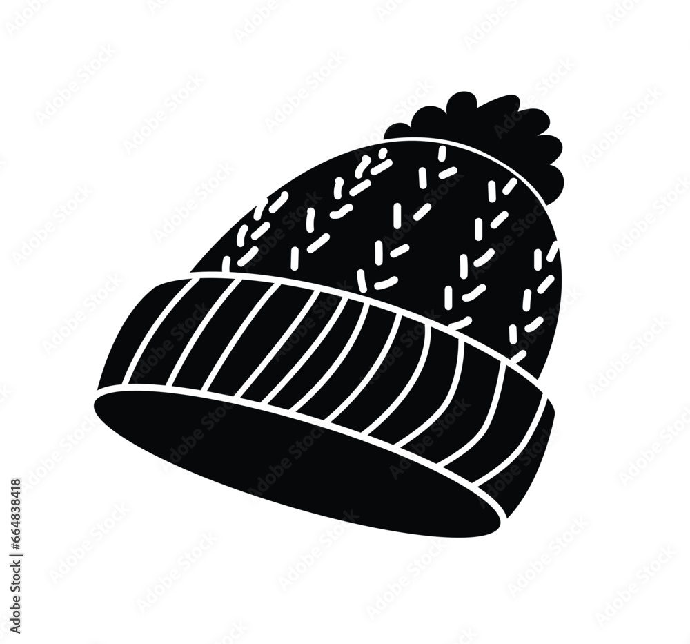 Knitted hat silhouette, head wear, clothes. Knitwear, headwear for winter, autumn season. Childs headdress. Flat vector illustration isolated on white background Knitted hat silhouette, head wear, clothes. Knitwear, headwear for winter, autumn season. Childs headdress. Flat vector illustration isolated on white background