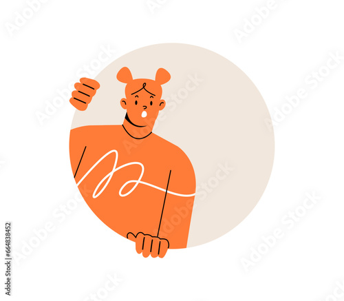 Cheerful, curious. Woman  peeping. Colorful vector illustration