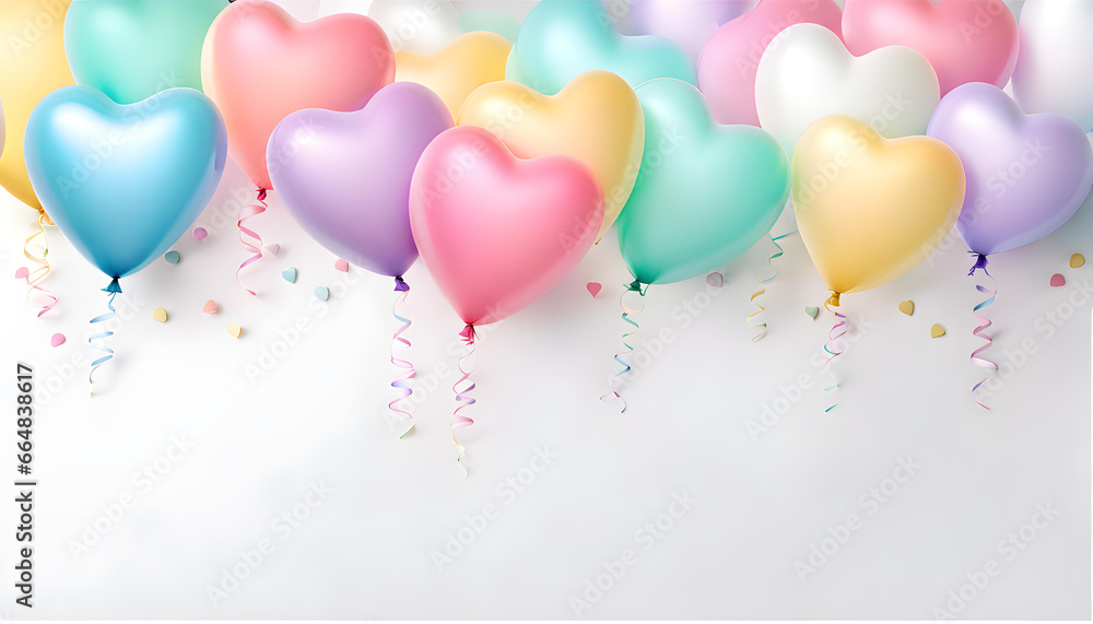 A whitish background material with lots of bright colorful pastel heart-shaped balloons decorations and space for text. Baby birth or birthday celebration background.