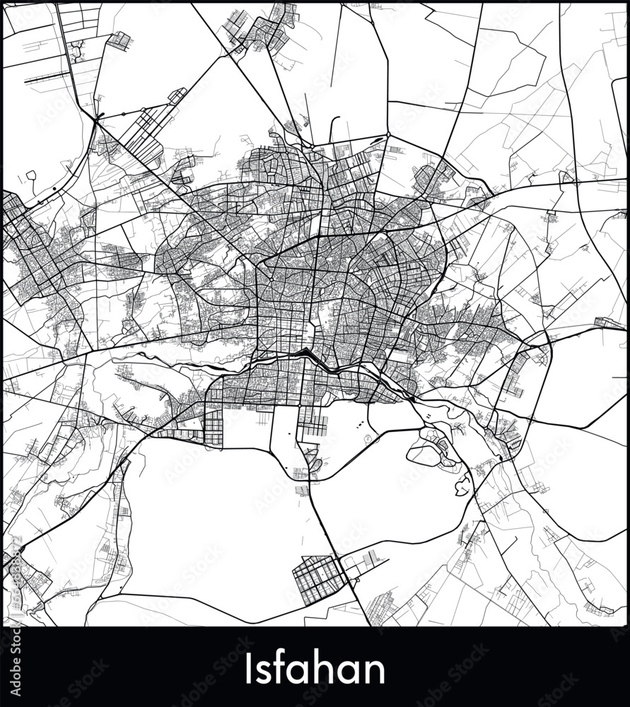 Obraz premium Isfahan Minimal City Map (Iran, Asia) black white vector illustration