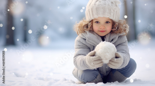 A little girl toddler kneeling and holding snow ball in her hands on snowy forest. Copy space design