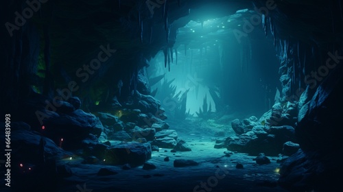 A surreal underwater cave with bioluminescent creatures illuminating the rocky walls. © Amna