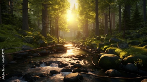 A tranquil forest clearing with a gentle stream, bathed in the soft hues of sunset. photo