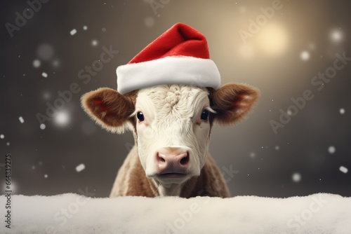 A cow wearing christmas hat. Christmas greeting card with cow. isolated on background.  photo