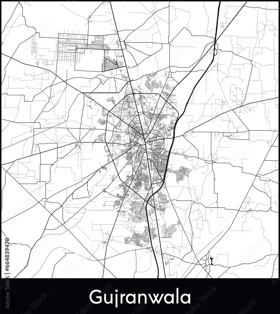Gujranwala Minimal City Map (Pakistan, Asia) black white vector illustration