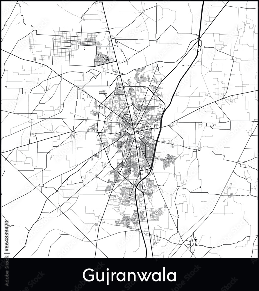 Obraz premium Gujranwala Minimal City Map (Pakistan, Asia) black white vector illustration