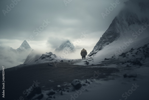 Silhouette of a yeti in the distance in the Himalayas, bigfoot concept © IB Studio