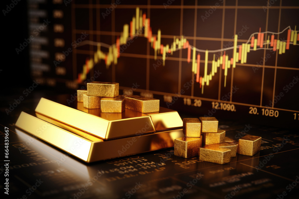 Stack of gold bars pile with forex trading graph, Gold stock market exchange concept. Generative AI. Stack of gold bars pile with forex trading graph, Gold stock market exchange concept. Generative AI.