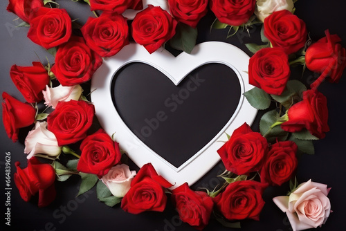 Top view blank photo frame heart shaped on black background  roses flowers with cope space for your greetings.Idea for Valentines Day  Mothers or Womens Day.