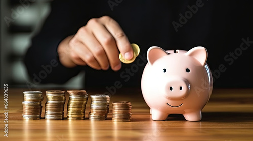 Businessman putting coin into piggy bank, savings and investment concept