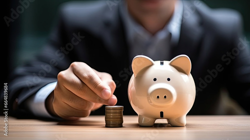 Businessman putting coin into piggy bank, savings and investment concept