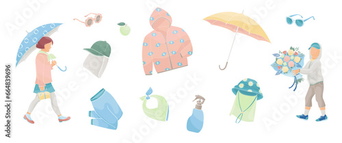 girl with umbrella  and boy with bouquet of roses flowers , set elements about protective measures against the solar radiation and UV ultraviolet in the city life